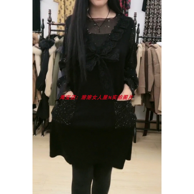 恋名媛胖妹妹加肥加大码女装罗马棉烫钻亮钻中长款大衫蕾丝长袖连衣裙女大码女装