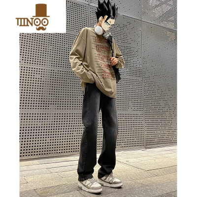 YANXU痞帅浅色牛仔裤男美式高街潮牌复古宽松直筒修身休闲长裤子