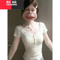 YIBUSHENG半开领纽扣波点短袖t恤女季别致辣妹修身叠穿正肩收腰短款上衣