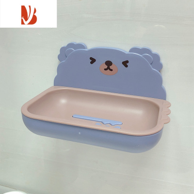 三维工匠可爱卡通双层肥皂盒免打孔壁挂式沥水家用卫生间浴室香皂盒置物架 蓝色熊