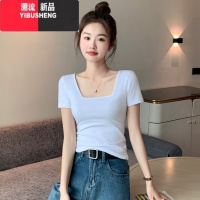 YIBUSHENG黑色短袖t恤女2024季新款低圆领紧身体恤修身正肩打底上衣