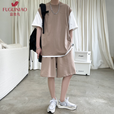 富贵鸟（FUGUINIAO）夏季男装套装纯棉短袖宽松潮流韩版帅气假两件t恤短裤潮休闲运动两件套