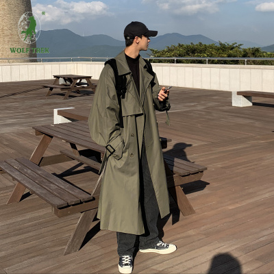 七匹狼国际公司授权WOLFTREK-风衣男中长款韩版宽松潮流帅气过膝雅痞军绿色大衣青年英伦风外套