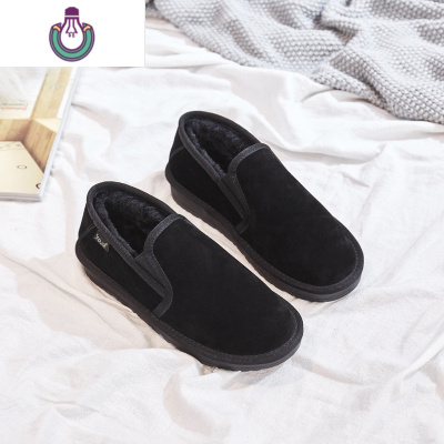 FISHBASKET情侣款皮雪地靴面包低帮男女休闲平底保暖懒人套脚棉鞋靴一脚蹬靴子