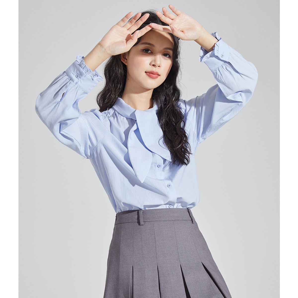 [2.5折价72元]唐狮春季女圆领净色绑绳长袖衬衫简约甜美百搭韩版减龄潮流