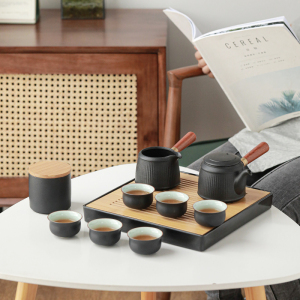 苏氏陶瓷(SUSHI CERAMICS)功夫茶具套装实木手柄双侧把茶壶日式竹面储水式茶盘茶托礼盒装