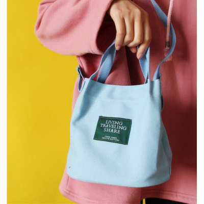 新款日系文艺简约森系复古学院风字母帆布包斜跨单肩包手提包小水桶包SN4180-定制浅蓝色浅蓝色