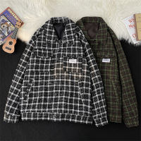 春秋新款格子长袖夹克情侣韩版潮流复古百搭宽松休闲毛呢夹克外套