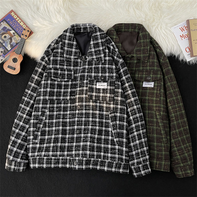 春秋新款格子长袖夹克情侣韩版潮流复古百搭宽松休闲毛呢夹克外套