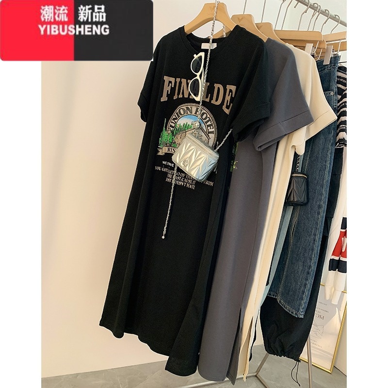 YIBUSHENG美式字母印花短袖连衣裙女新款圆领宽松显瘦百搭休闲开叉T恤裙
