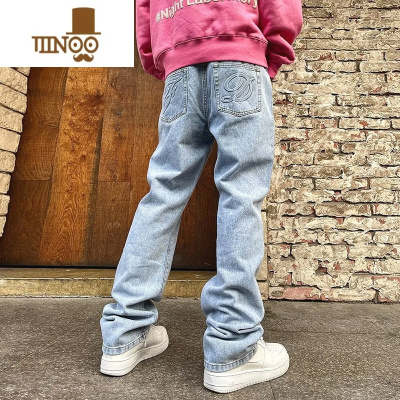 YANXU美式高街国潮重工水洗压印牛仔宽松直筒裤休闲百搭嘻哈街头潮流裤