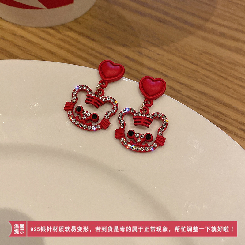 发财耳钉纯银针珍珠耳饰镶钻暴富红色气质韩国高级感新年过年耳环