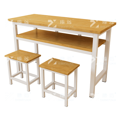 臻远ZY4082139 学生课桌椅双层带抽屉培训班学习桌学校辅导班教室双人桌 胡桃色含凳子+白架1200*600*800