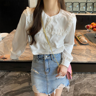 [1折价42.9元,叠加优惠券]唐狮春季衬衫女新款淑女气质木耳边净色长袖衬衣圆领ins潮