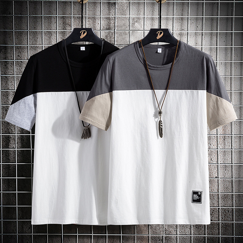 短袖T恤男士夏季新款韩版纯棉拼接打底衫圆领半袖体恤潮衣服