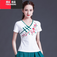 YIBUSHENG民族风女装 复古 中国风刺绣上衣 季新款绣花短袖t恤女半袖上衣