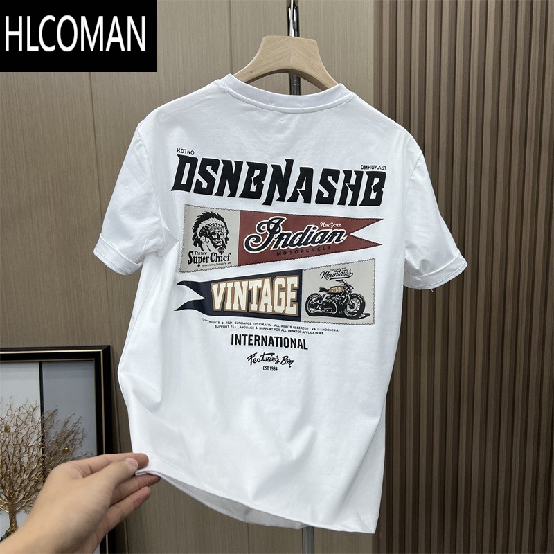 HLCOMAN男士高端冰丝短袖t恤2025夏季潮牌印花半袖青年休闲百搭修身上衣