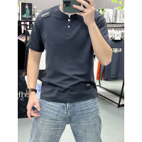 男装夏季新款套头圆领假两件纽扣刺绣字母短袖T恤男休闲宽松上衣