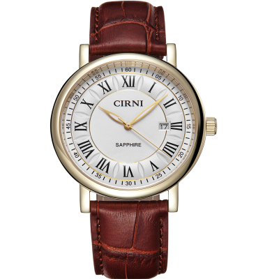 西亚尼(CIRNI)石英表情侣男表女表男士手表石英表日历皮带针扣防水情侣系列男士腕表6039间金白面男表