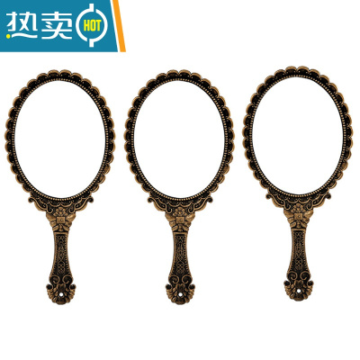 敬平复古宫廷风手柄化妆镜美容院专用纹绣镜便携随身手持手拿高清镜子便携式用镜 黄古铜色--3个装
