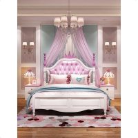 全实木床女孩粉色欧式公主床单双人高箱房家具组合套装