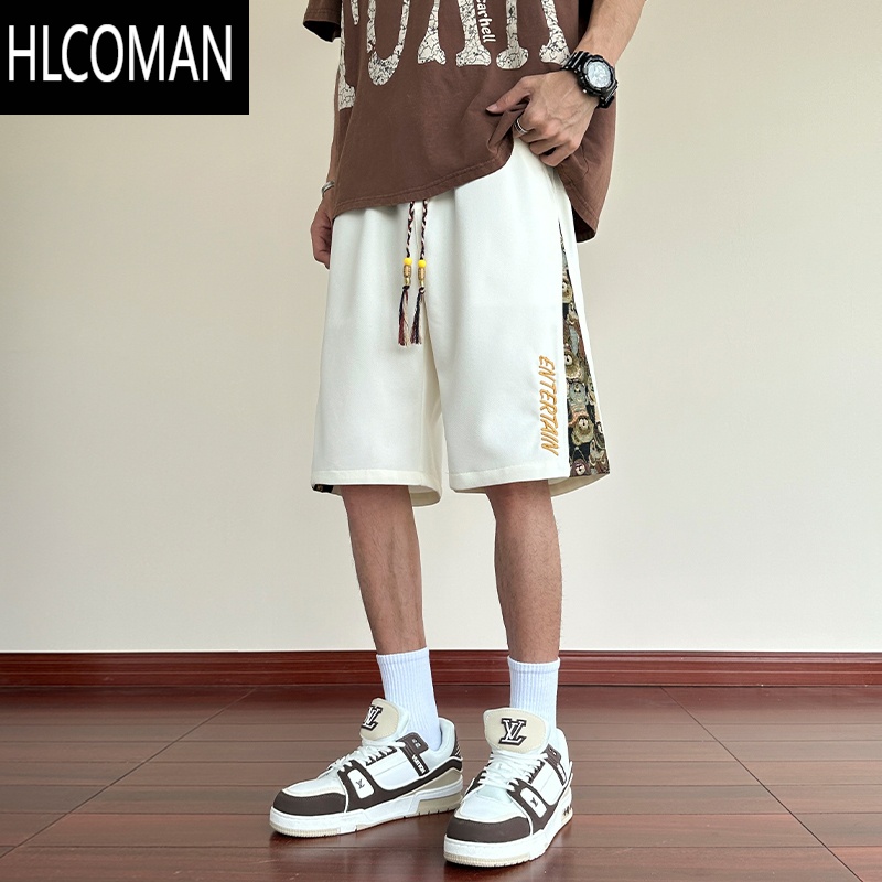 HLCOMAN新中式国风短裤男夏季薄款刺绣休闲五分裤子男冰丝宽松直筒运动裤
