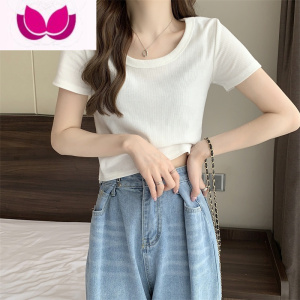 七斓2023年早春新款甜辣风修身小个子短款上衣粉色正肩短袖辣妹T恤女