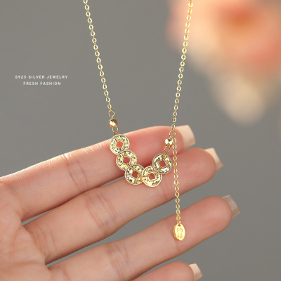 新中式碎碎冰五帝币铜钱项链女s925纯银轻奢国潮招财纳福锁骨链送女朋友老婆情人节七夕生日礼物