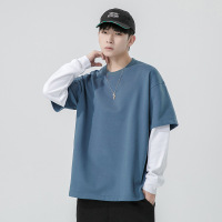 厂家多色圆领卫衣男春秋季韩版潮牌假两件长袖打底衫宽松落肩
