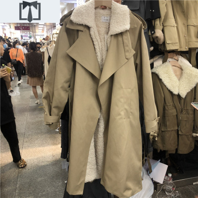 SUNTEK2020冬装羔毛领收腰夹棉服中长款大衣小个子风衣加绒卡其外套女风衣