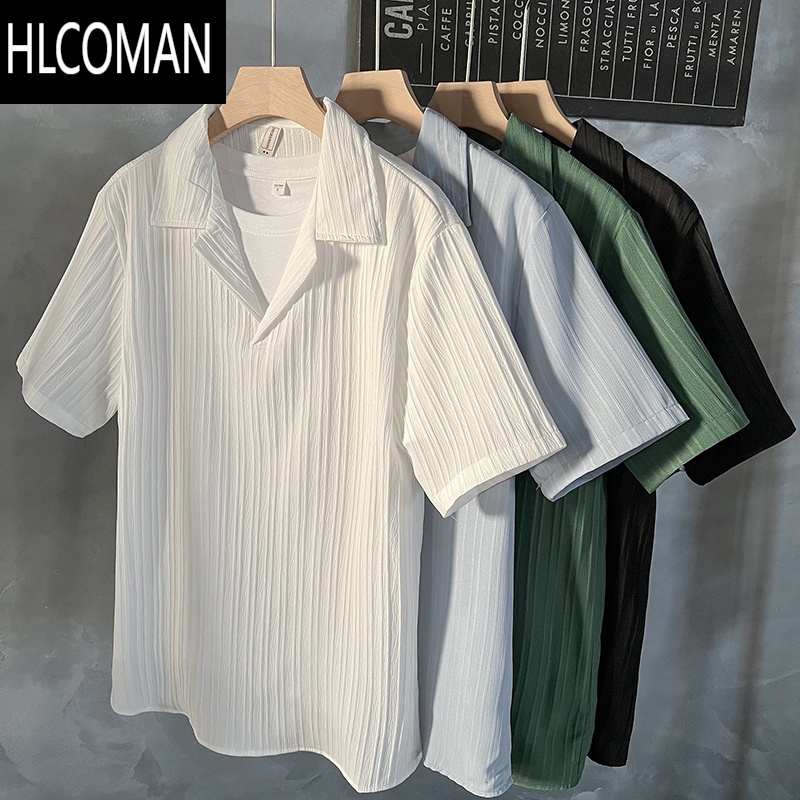 HLCOMAN古巴领套头短袖衬衫男装简约2024夏季流行痞帅五分袖垂感冰丝衬衣
