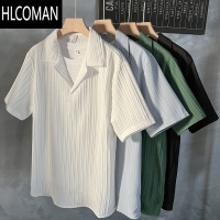 HLCOMAN古巴领套头短袖衬衫男装简约2024夏季流行痞帅五分袖垂感冰丝衬衣