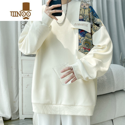 YANXU新中式小熊刺绣拼接卫衣男秋季国潮大码oversize百搭圆领上衣学生