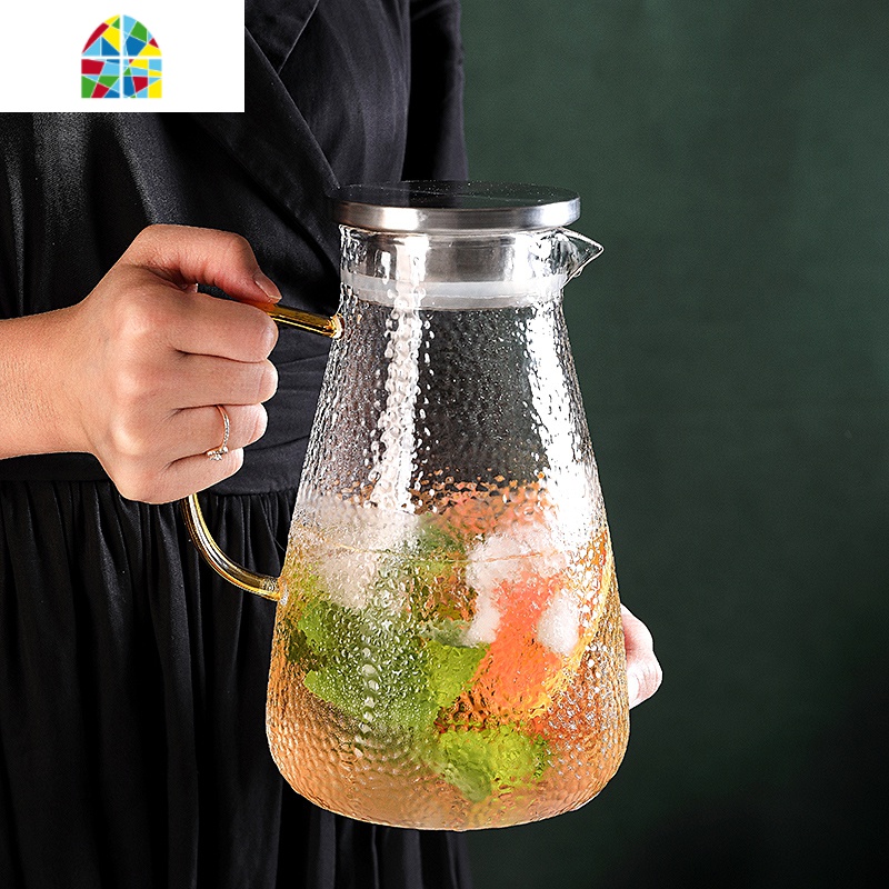 封后欧式水具套装家用玻璃冷水壶轻奢金边水杯客厅茶杯简约凉水壶耐 锤纹饮具-直身水壶x1+直身杯x6+6杯架x1+铁艺托盘