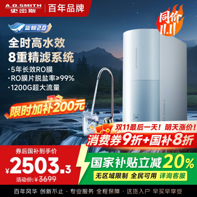 AO史密斯佳尼特净水器家用厨下直饮反渗透小体积5年长效RO膜CR3000BM1 3升/分钟澎湃 0陈水 全时高水效