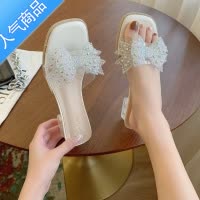 SUNTEK蝴蝶结凉拖鞋女夏外穿中跟2023年新款水钻一字仙女风粗跟高跟凉鞋