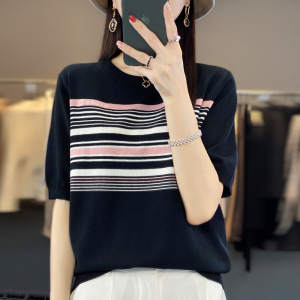 韩版夏季新款条纹绢丝针织衫女短袖设计感小众薄款半袖显瘦潮
