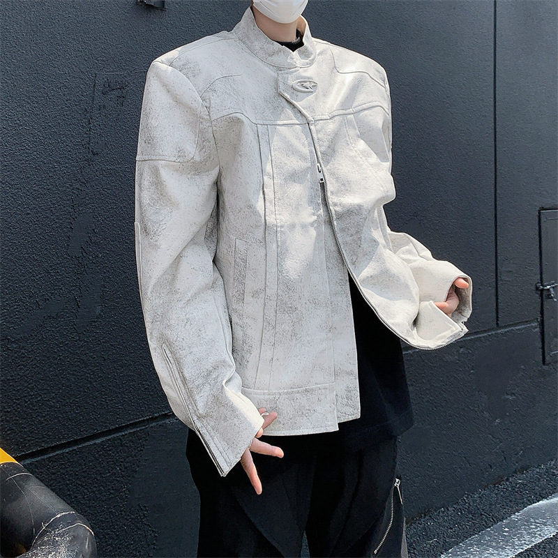 男装美式宽松短款垫肩机车PU皮衣夹克男士痞帅潮牌时尚百搭外套男