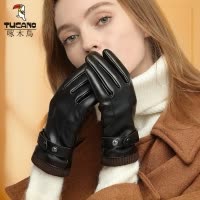 啄木鸟皮手套女士冬季保暖加绒加厚防风防寒触屏电动车骑行女骑车