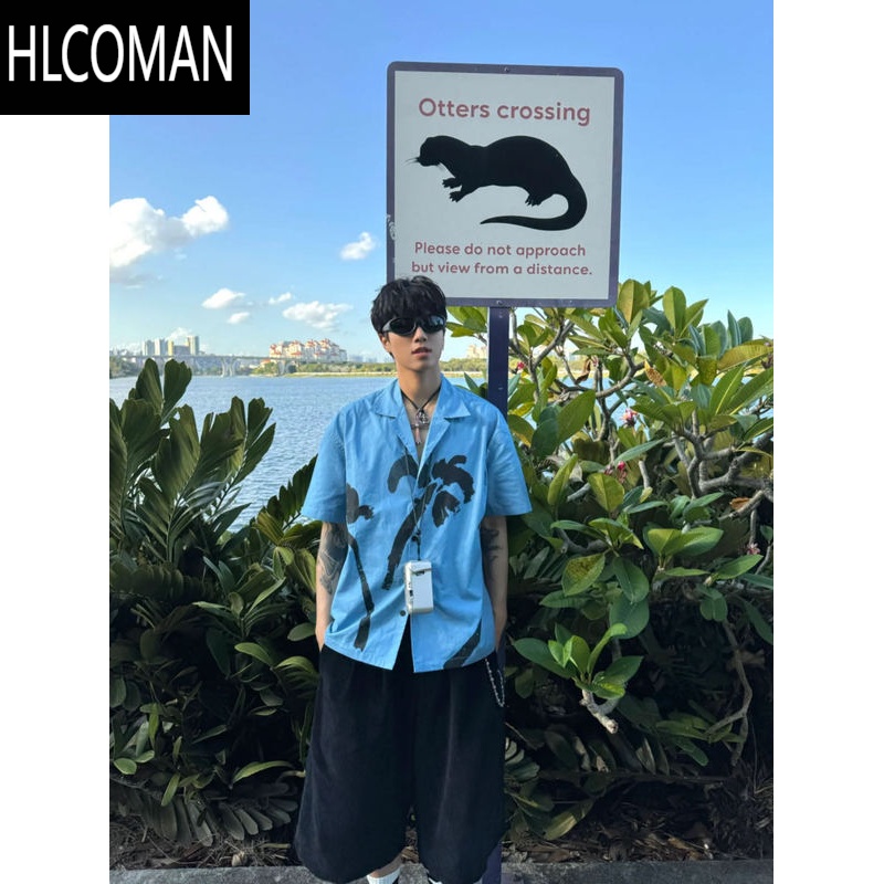 HLCOMAN岛屿约会记古巴领印花度假风时髦慵懒休闲夏季蓝色短袖衬衫男