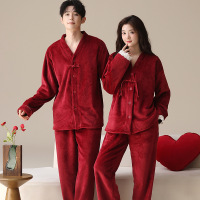 情侣睡衣秋冬季珊瑚绒本命年喜庆结婚大红色一男士一女家居服套装