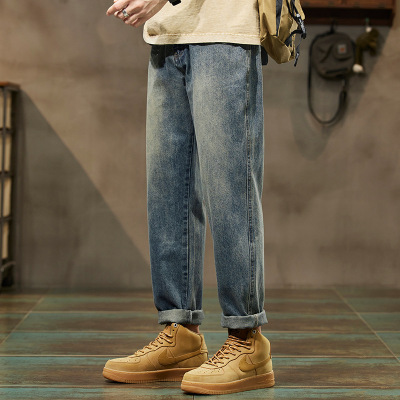美式工装复古男裤蓝调水洗微锥哈伦春秋潮牌九分牛仔长裤子做旧