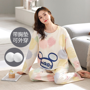 韩版带胸垫睡衣女士棉质秋冬季长袖可爱可外穿卡通休闲家居服套装