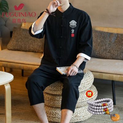 富贵鸟2021年夏季薄款亚麻套装男唐装宽松大码中国风男居士禅服休闲七分裤棉麻两件套