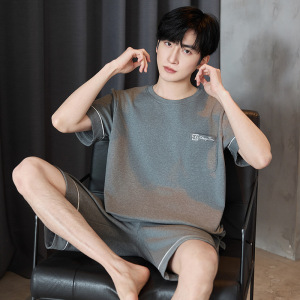 100%纯棉青少年睡衣男士夏季短袖圆领休闲可外穿全棉家居服男