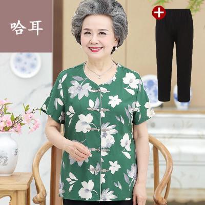 老年人夏装女中老年人女装奶奶夏装短袖衬衫套装老人妈妈装碎花棉绸T恤上衣薄女款半袖短袖衬衫寸衫女