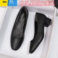聚范空姐久站不累脚工作鞋女方头黑色职业上班面试工装粗跟皮鞋女单鞋