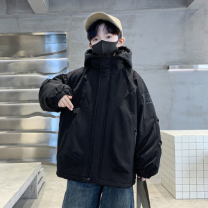 男童加厚风衣外套新款秋冬季连帽加绒冲锋衣中大童帅气棉衣