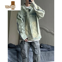 YANXU美式高街黄泥染水洗做旧牛仔夹克男秋季新款拉链拼接设计工装外套