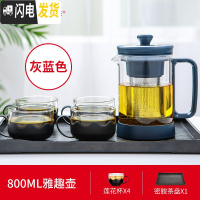 三维工匠 耐热玻璃茶壶茶具过滤养生壶加厚办公泡茶壶家用水壶套装 800雅趣壶莲花杯密胺茶盘套装(灰蓝色)